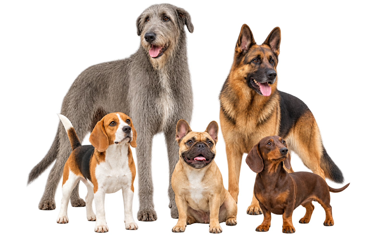 Irish Wolfhound, German Shepherd, Beagle, French Bulldog, and Dachshund together